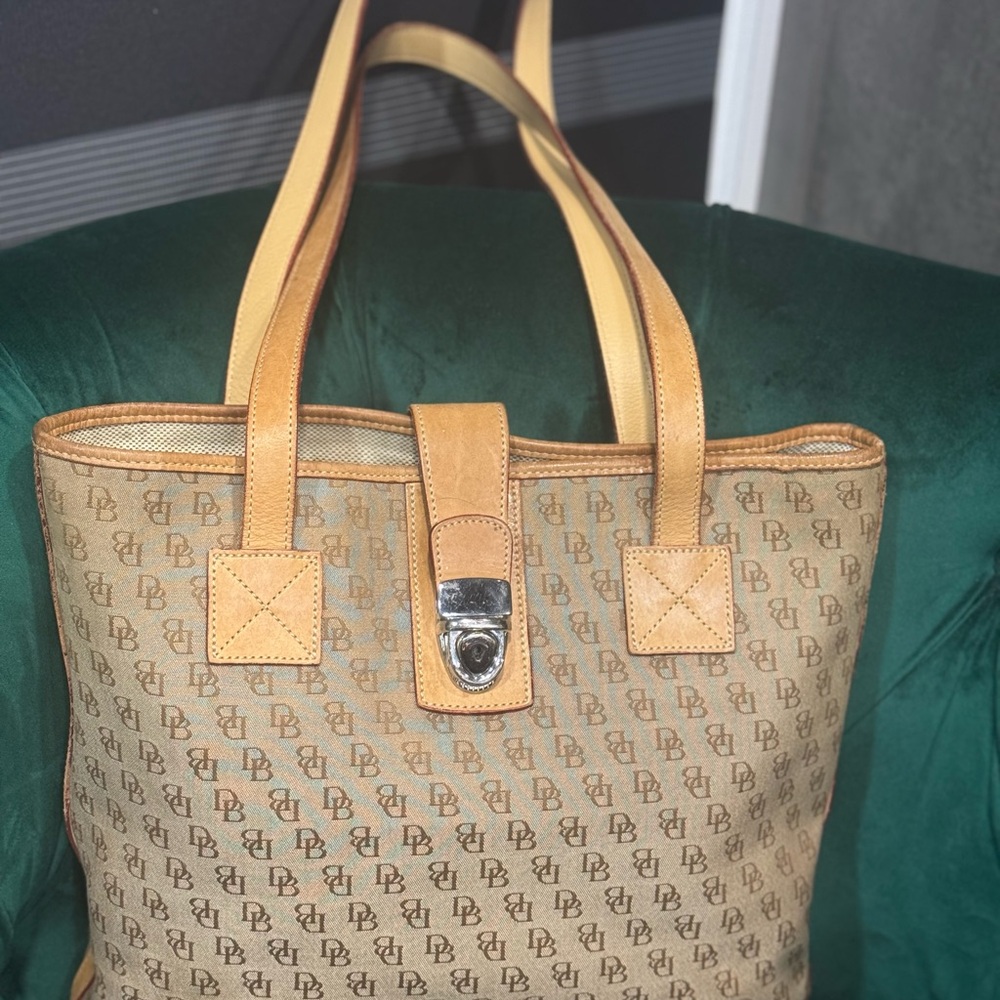 Dooney & Bourke Vintage Monogram Tote Shoulder Bag  Leather Canvas Taupe Tan
